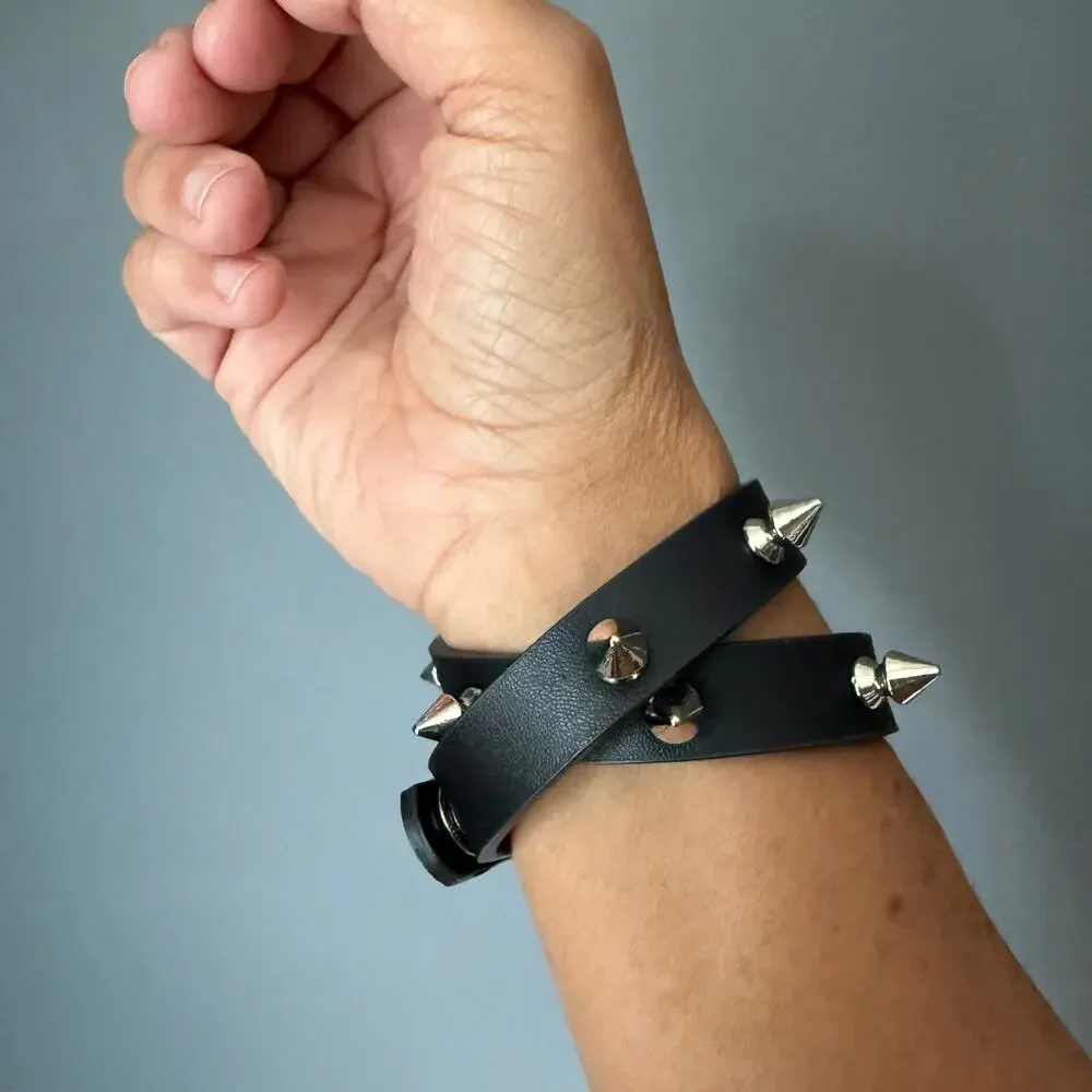 Set of 2 Black Leather Studded Spike Bracelets Punk Goth Rock Cuff Wrap